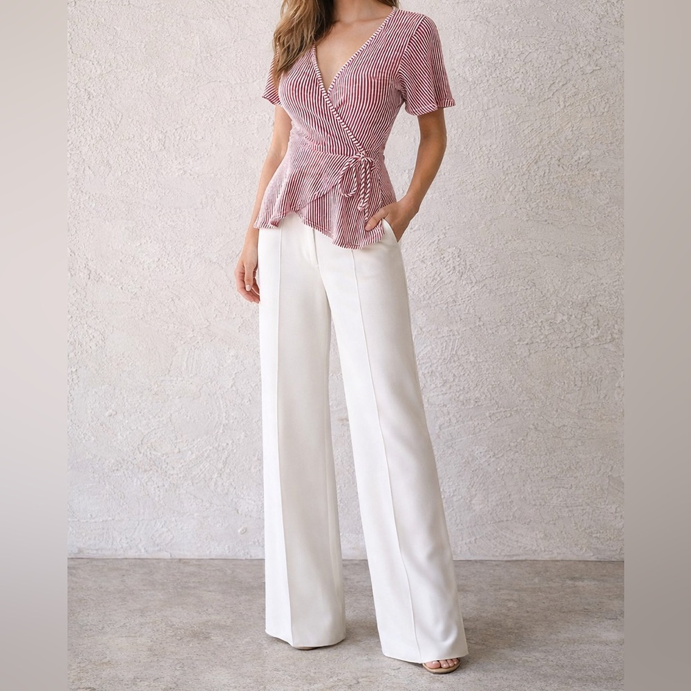 Caution to the Wind Striped Faux Wrap Peplum Top | Red & White Tie Waist Size S
